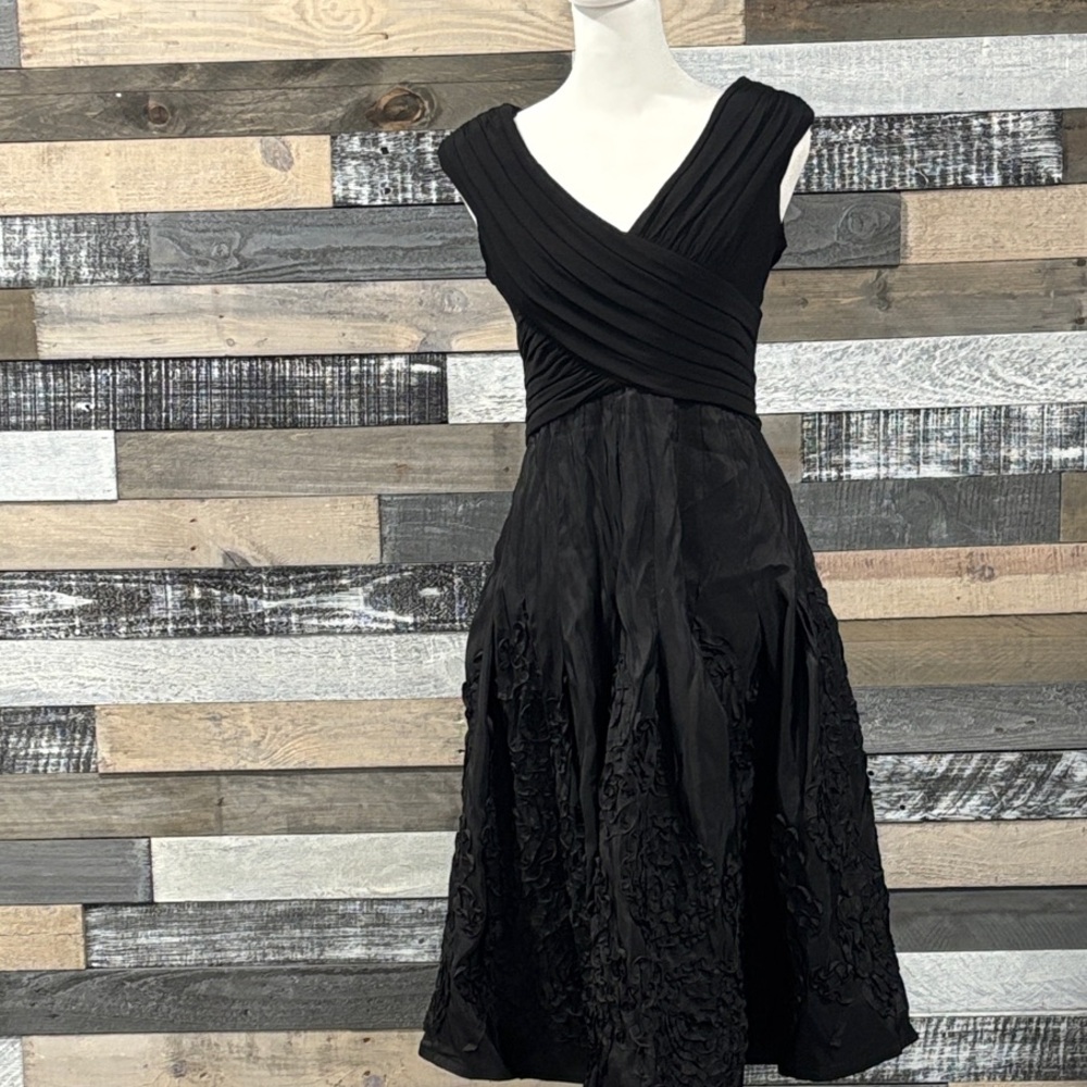 Adrianna Papell Black V-Neck Rosette Midi Dress